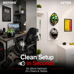 Before and after comparison of a room with helmets on chairs and tables, now organized with helmet hanger on the wall  on the wall.