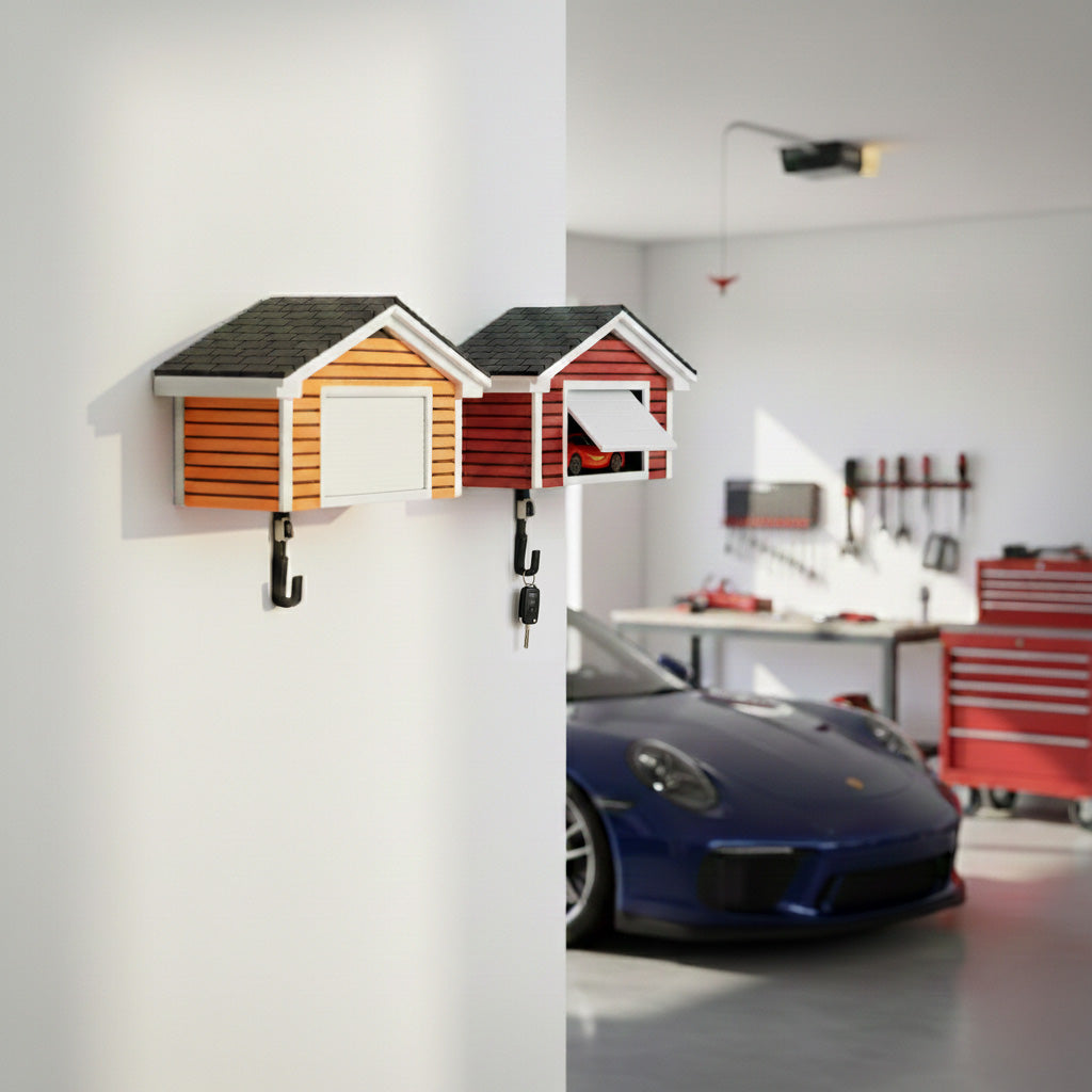 Decorative wall hooks shaped like small houses in a garage setting with a blue car.