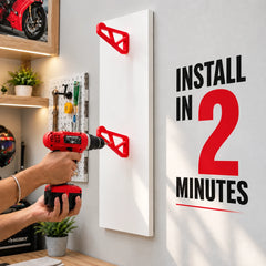 Dirt Accessories MotoDock Helmet Hanger being installed on a display panel, highlighting its quick 2-minute installation.