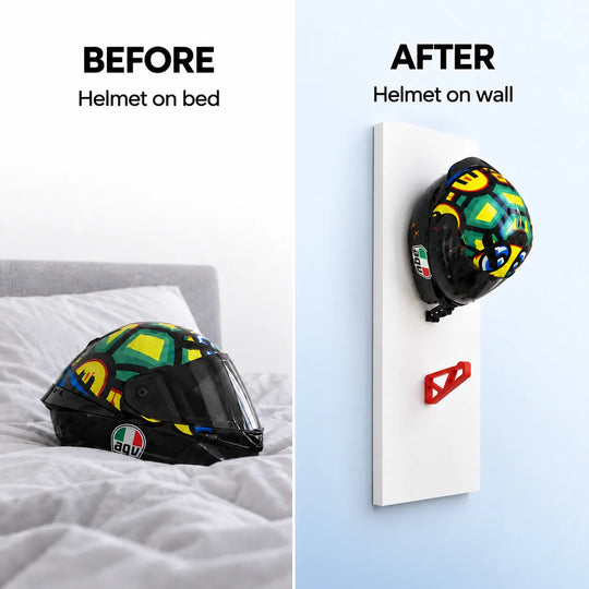 Dirt Accessories helmet hanger displaying a motorcycle helmet on a sleek white wall panel, showing the transformation from a helmet placed on a bed to organized wall-mounted helmet storage.