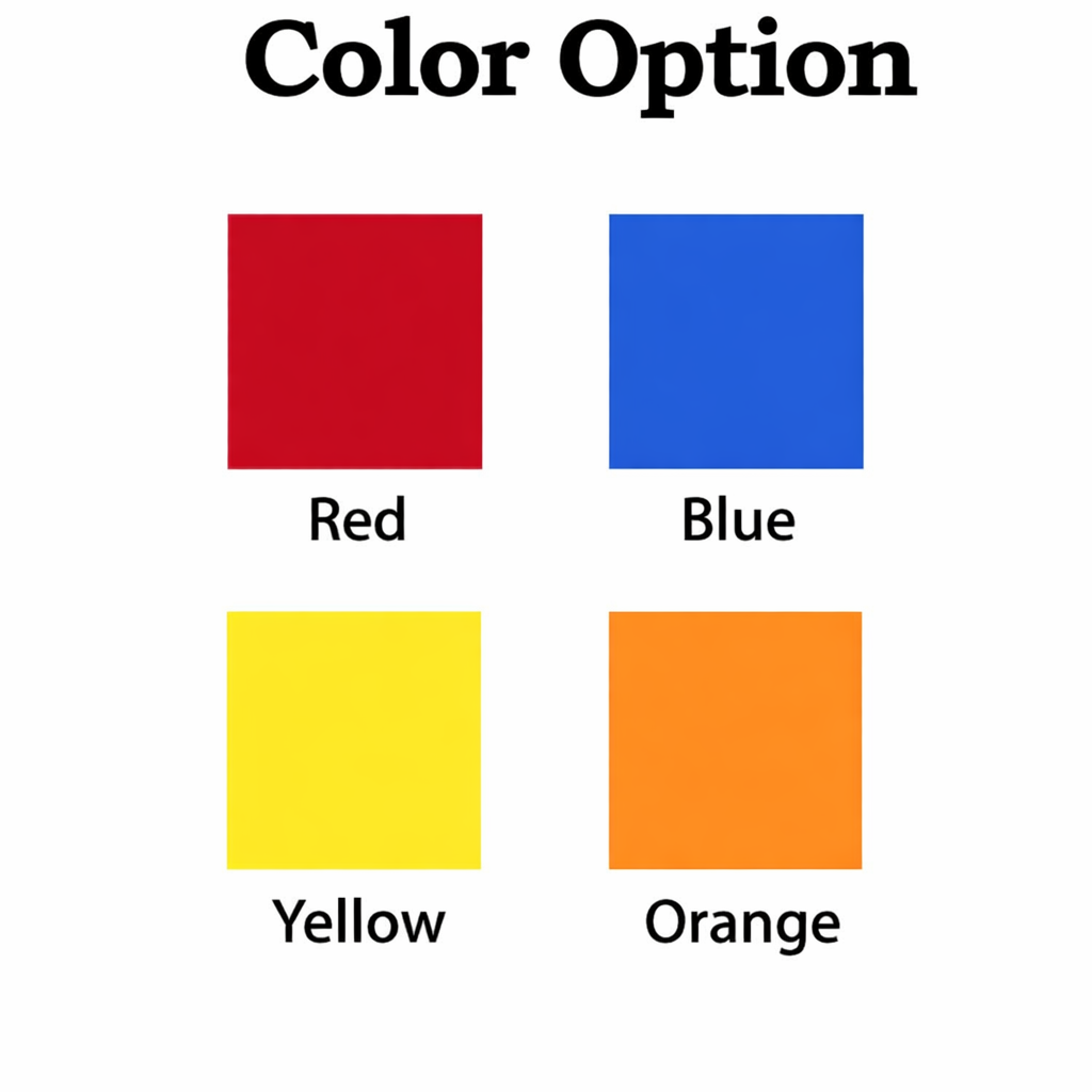 Four color swatches labeled Red, Blue, Yellow, and Orange on a white background.