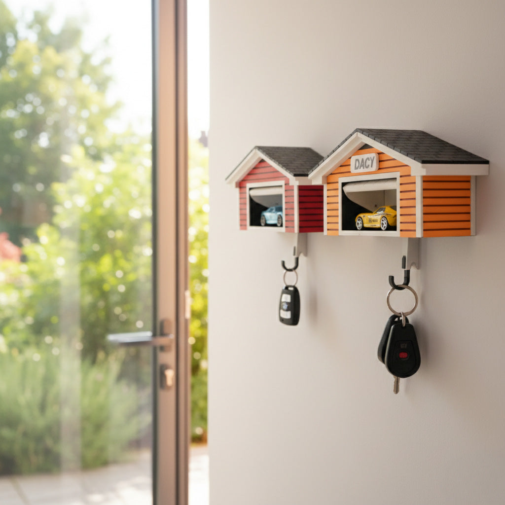 Key holder shaped like a small house with hooks on a wall next to a window.