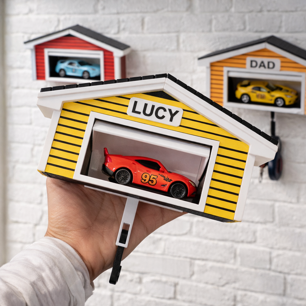 Model garage with a car inside, labeled 'LUCY', held by a hand against a white brick wall.