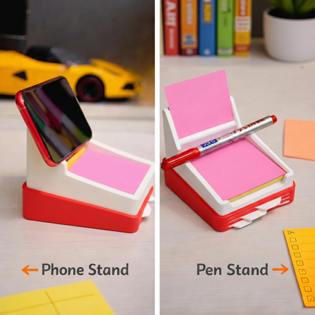 Multi-functional desk organizer with phone stand and pen stand features on a desk.