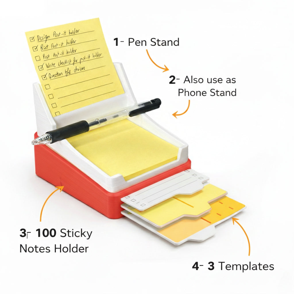 Multifunctional desk organizer with pen stand, phone stand, sticky notes holder, and templates.