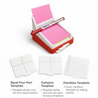 Note-taking device with pink sticky notes and a red pen, featuring templates for note-taking.