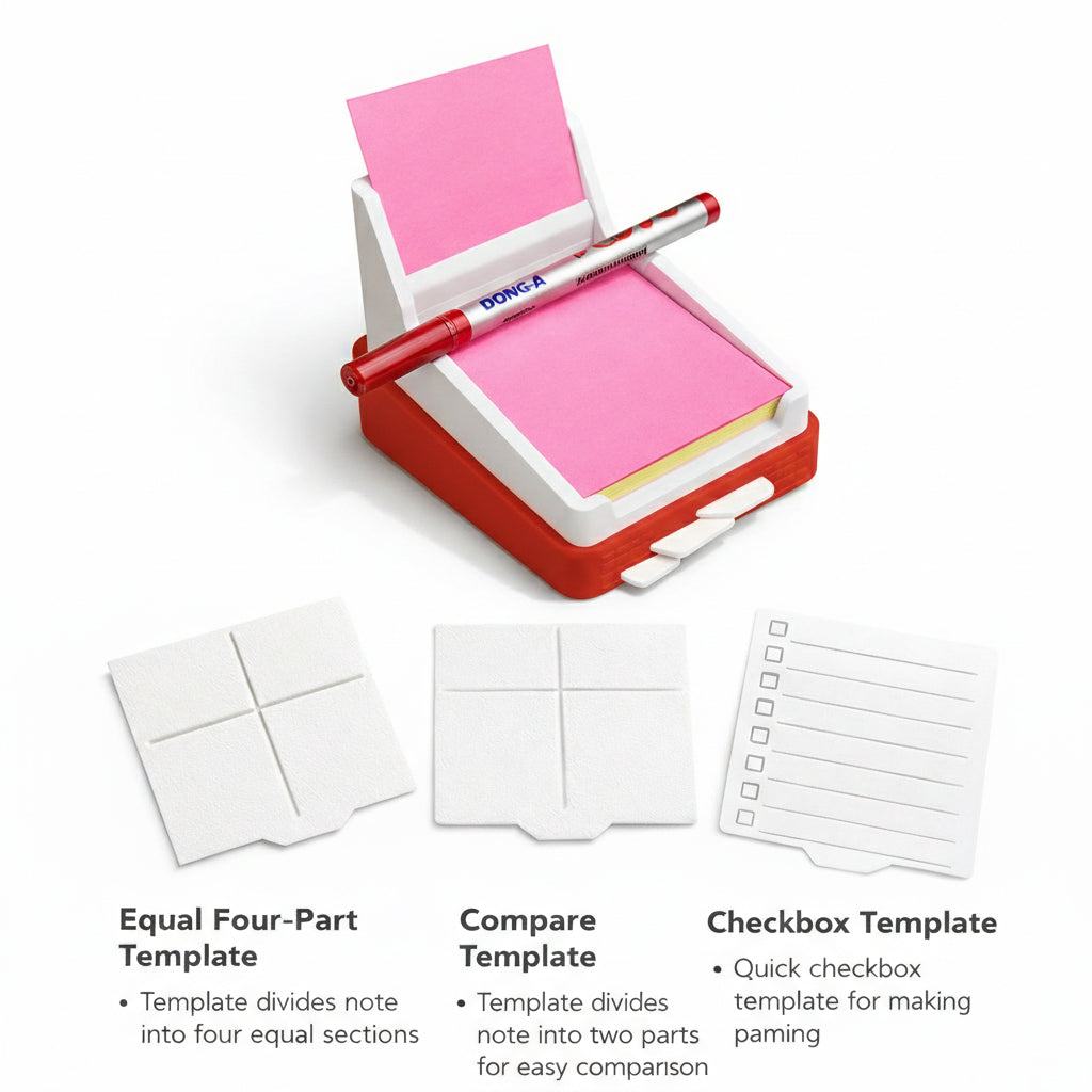 Note-taking device with pink sticky notes and a red pen, featuring templates for note-taking.
