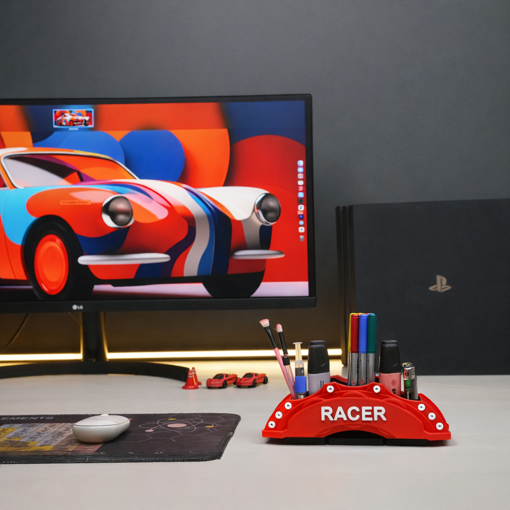 Red Color Brake Caliper Pen Holder: Racing Car Desk Organizer