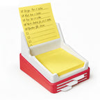 Red and white post-it holder with yellow sticky notes and checkboxes.