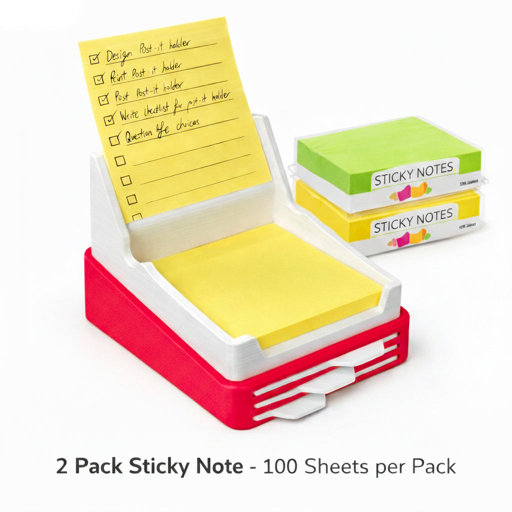 Red and white sticky note holder with yellow sticky notes, next to green and white boxes of sticky notes.