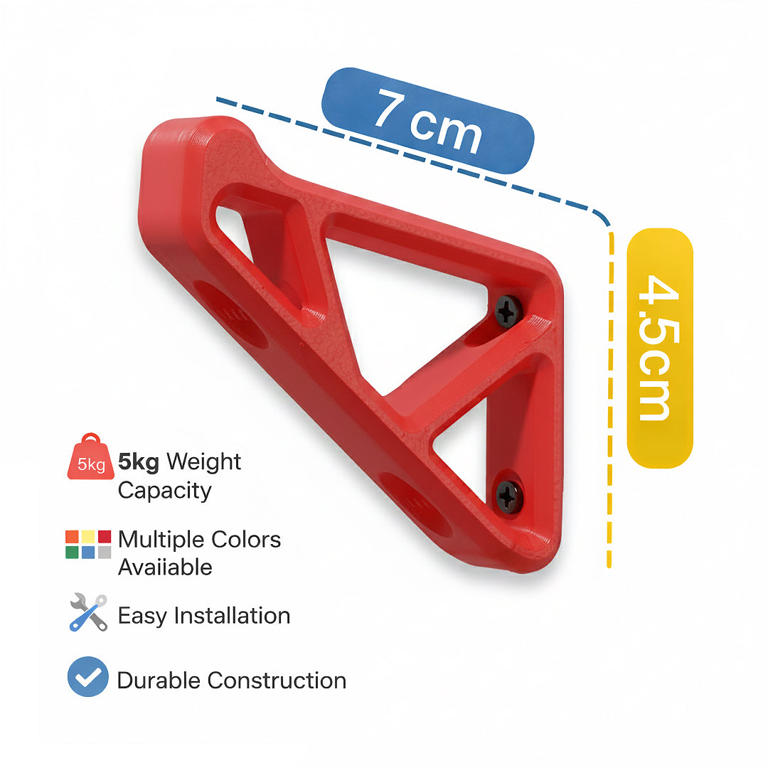 Red metal bracket with dimensions and features on a white background