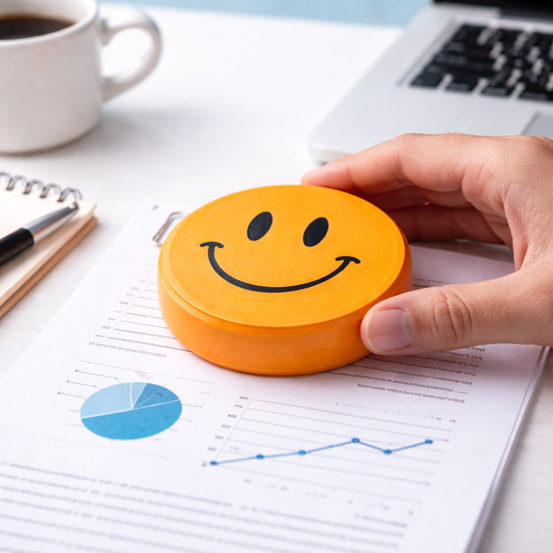 Hand holding a round orange object with a smiley face on a desk with a laptop and coffee.