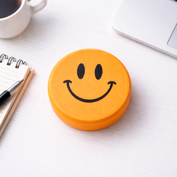 Orange smiley face coaster on a white surface with a cup of coffee and pen in the background.