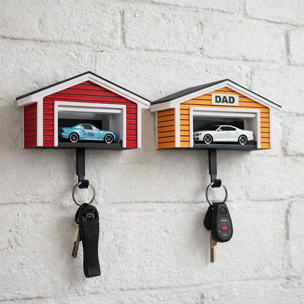 Two key holders shaped like miniature garages with cars inside, mounted on a white brick wall.