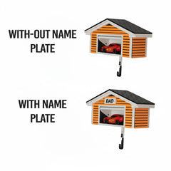 Two  mini car garage keyholder with and without name plates on a white background
