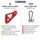 Comparison chart of minimal helmet hanger vs basic helmet hook on a white background