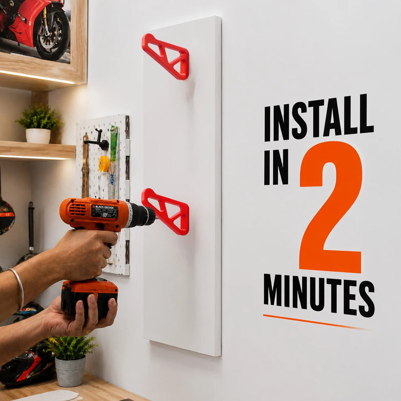 Dirt Accessories helmet hanger being installed on a wall with a drill, showing quick two-minute installation.