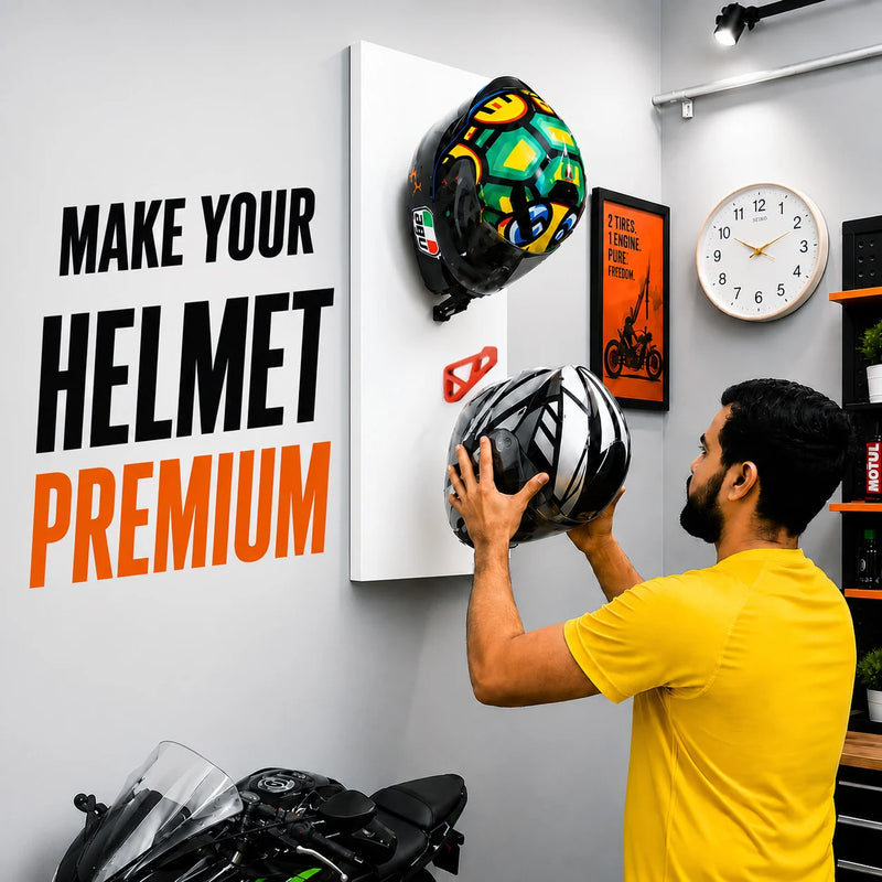Dirt Accessories helmet hanger in a premium motorcycle garage setup, providing organized wall-mounted helmet storage.