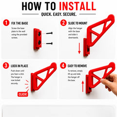 Dirt Accessories helmet hanger installation guide showing how to fix the base, slide the hanger, lock it, and remove it.