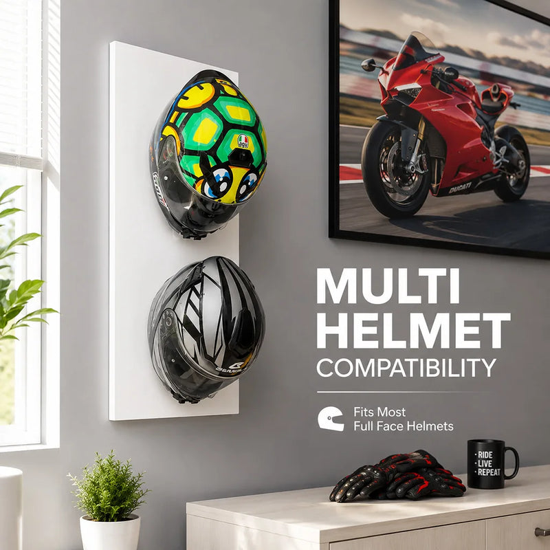Dirt Accessories helmet hanger holding two full-face helmets, showing multi-helmet compatibility and wall-mounted storage.