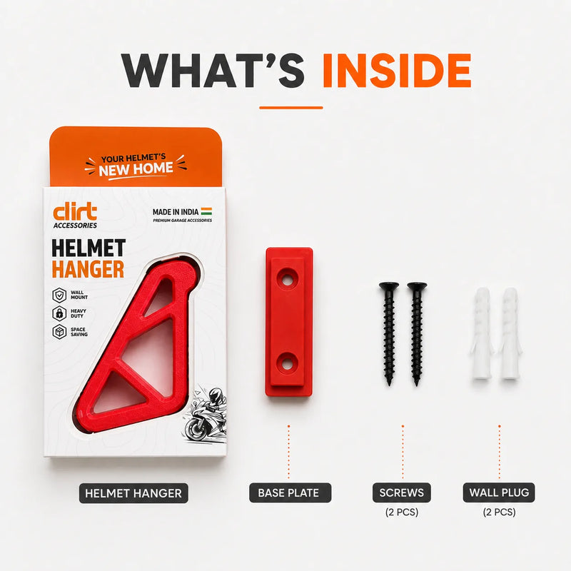 Dirt Accessories helmet hanger package contents including helmet hanger, base plate, two screws, and two wall plugs.