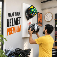 Dirt Accessories helmet hanger being installed on a motorcycle helmet display panel