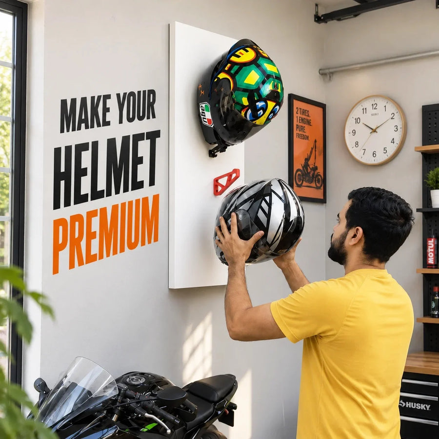 Dirt Accessories helmet hanger being installed on a motorcycle helmet display panel