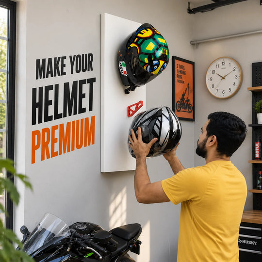 Dirt Accessories helmet hanger being installed on a motorcycle helmet display panel