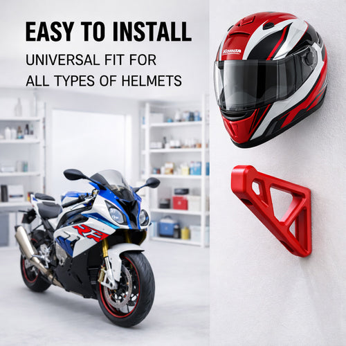 Red helmet stand with a helmet on a white wall, motorcycle in the background.
