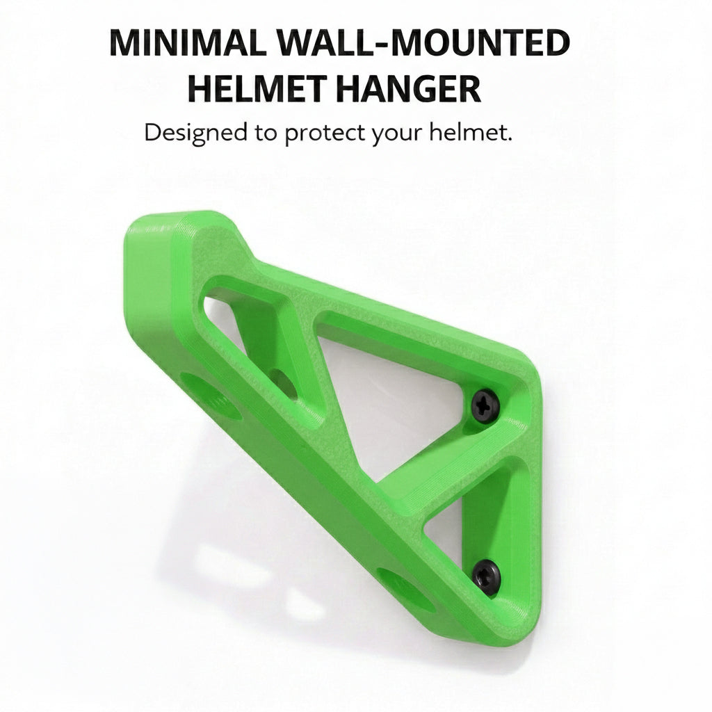 Green wall-mounted helmet hanger on a white background with text about its design.