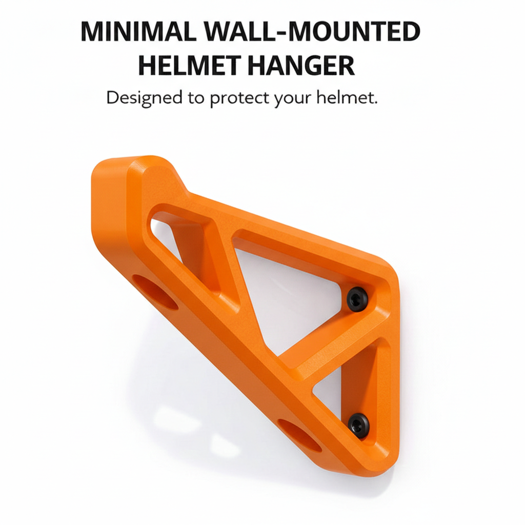 Orange wall-mounted helmet hanger on a white background with text about its design.