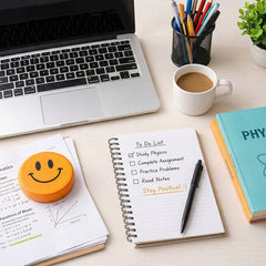 Laptop, coffee cup, notebook, and books on a desk with a plant and stationery items.