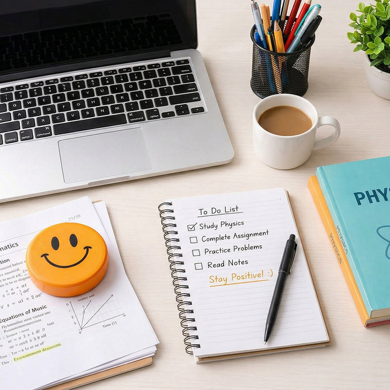 Laptop, coffee cup, notebook, and books on a desk with a plant and stationery items.